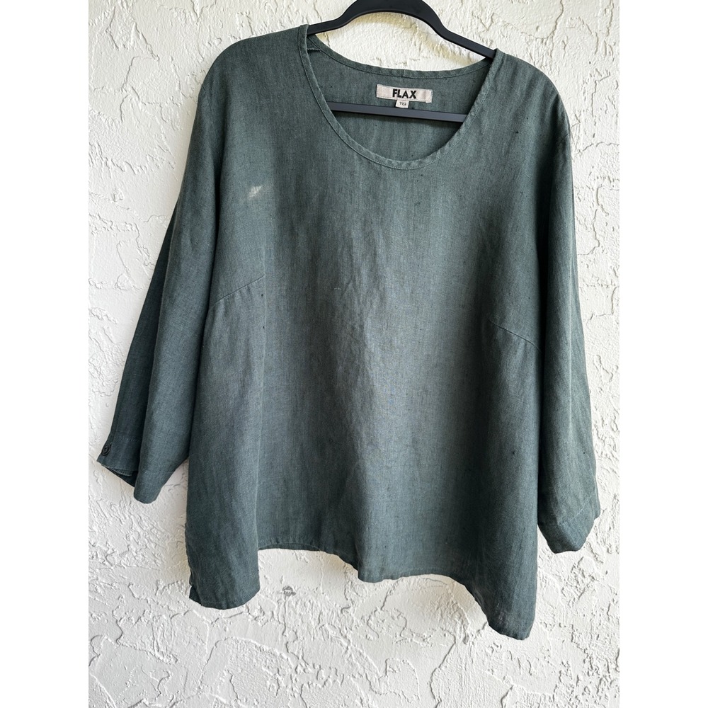 FLAX 100% Linen Scoop Neck Boxy Top Dark Green Size 1G/18 Lagenlook